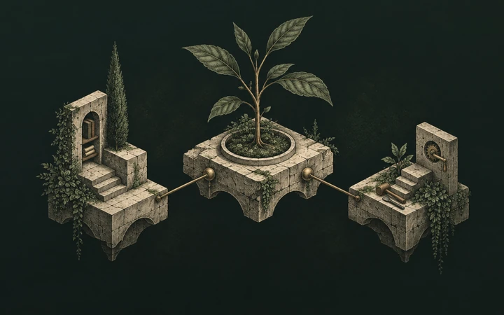 An archive of books and scrolls connects to a growing tree of knowledge, then to a working mechanism and tools.