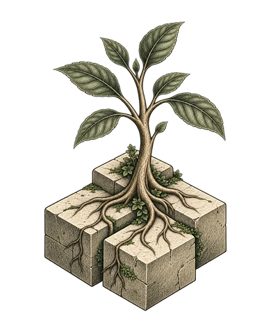 An ink drawing of a tree rooted in connected foundation blocks